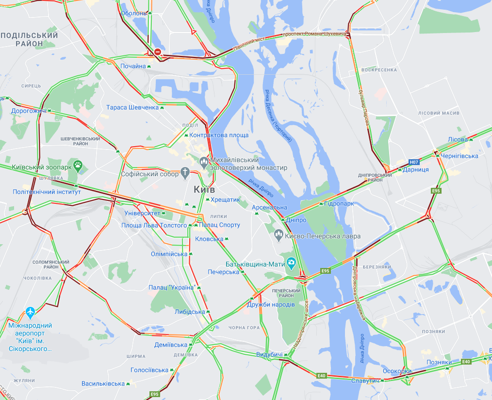 Ситуация на мостах Киева / Google Maps