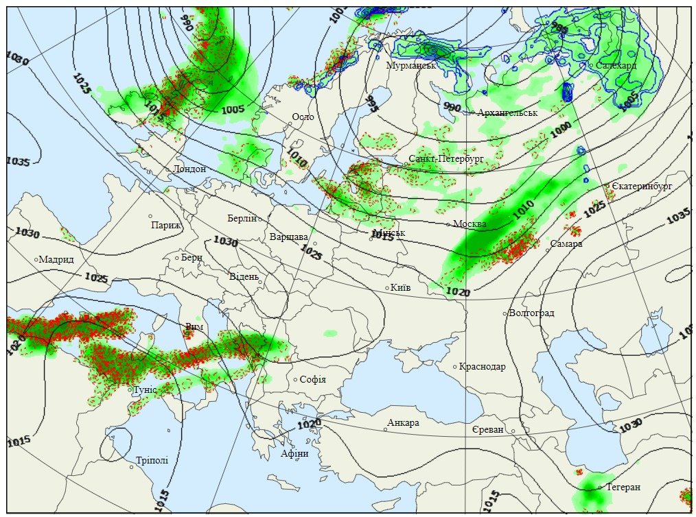 Осадки в Европе 7 ноября, данные: Gismeteo