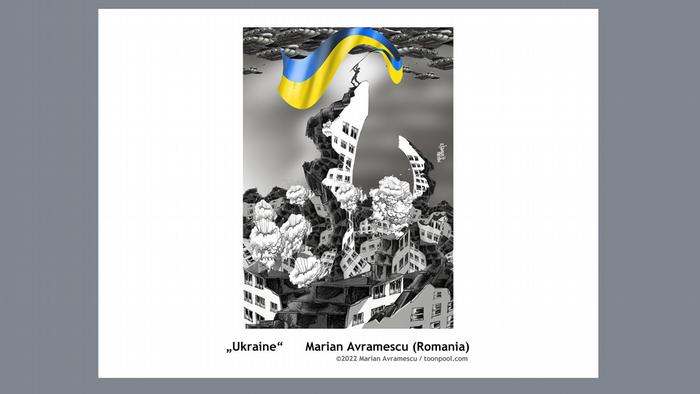 Над разбомленными домами стоит мужчина с украинским флагом