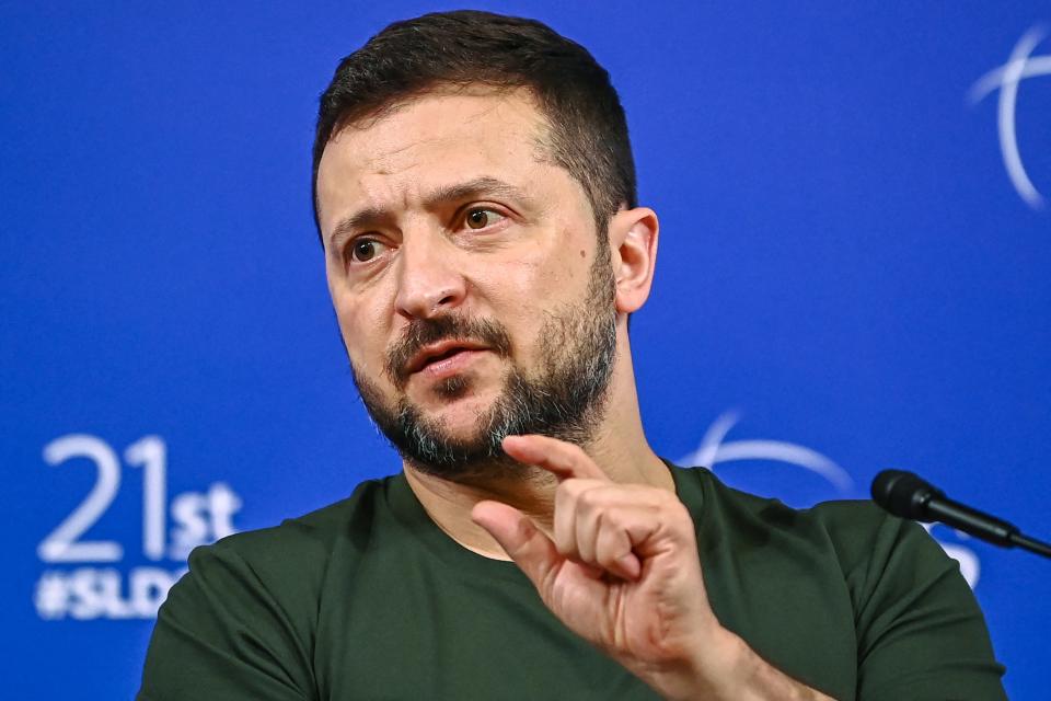 Ukraine's president Volodymyr Zelensky speaks during the 21st Shangri-La Dialogue summit at the Shangri-La Hotel in Singapore (AFP via Getty Images)